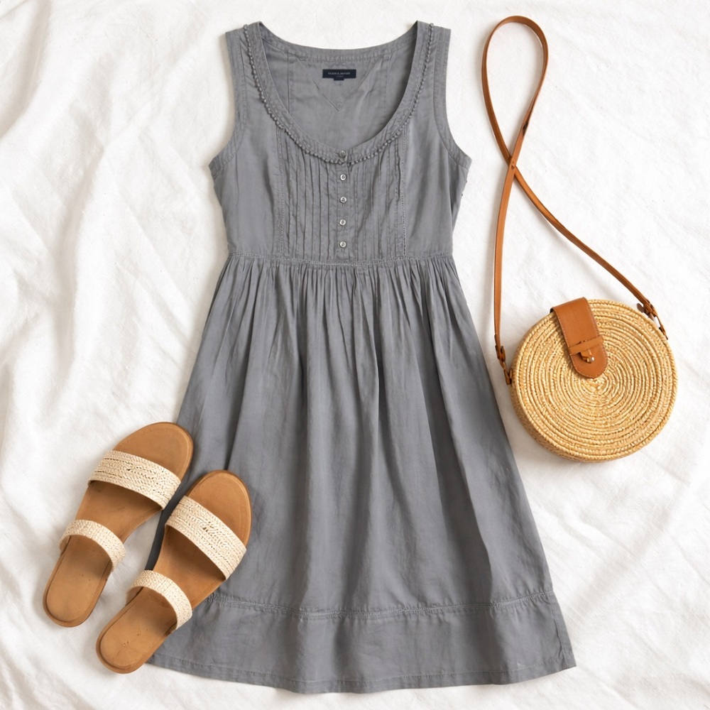 Tommy Hilfiger Grey Cotton Sleeveless Midi Dress Pintuck Button Front Size 2